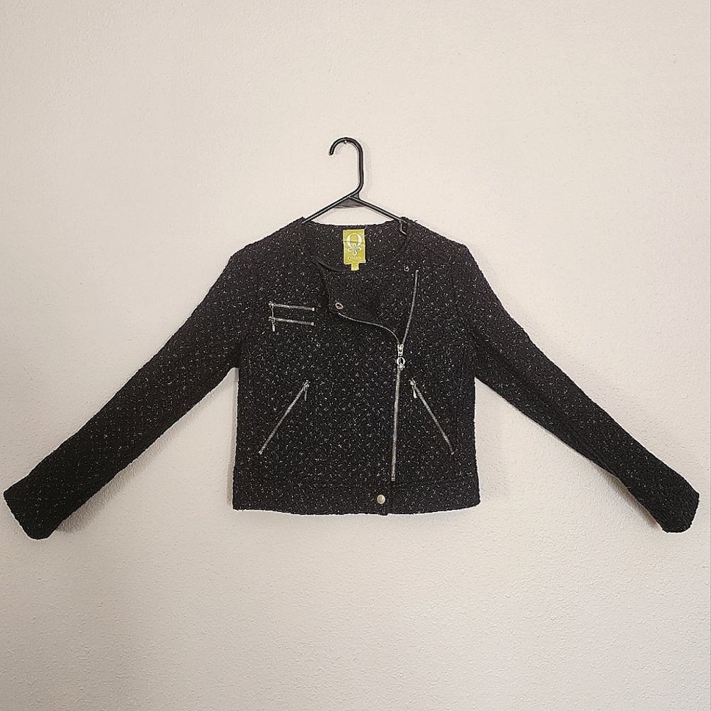 QMack Tweed Moto Jacket Size S - Navy/Gold